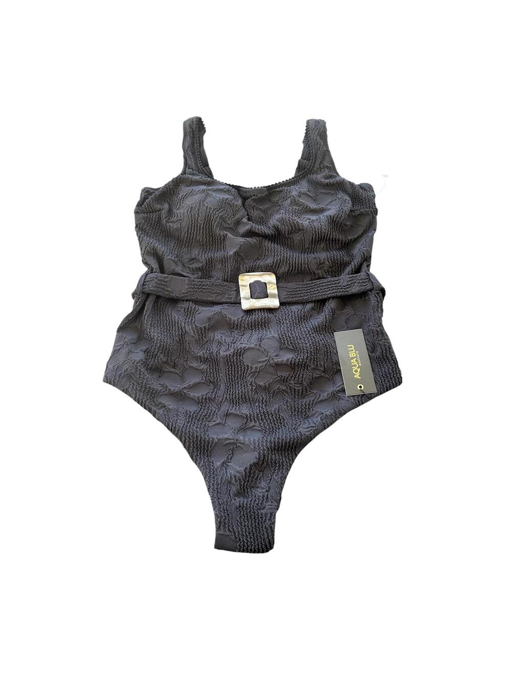 Aqua Blu Textured Black One-Piece Swimsuit with Buckle Belt